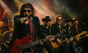 Rock band performs on stage with a lead guitarist pointing at the camera.