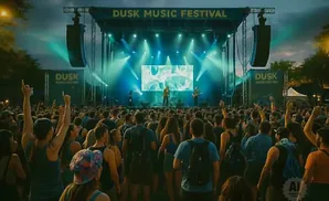 A band performs on a stage at the Dusk Music Festival to a large, cheering crowd.