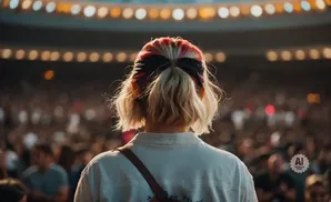 Back view of a person with blonde hair styled with a red and black bandana at an outdoor concert.