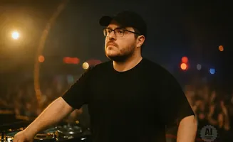 Man wearing a black t-shirt and cap, glasses, with DJ equipment in a club.
