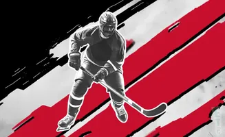 A hockey player in black and white, in action, with red and black abstract background.