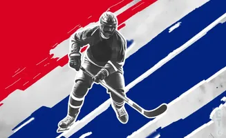 A hockey player in black and white on a red, white, and blue striped background.