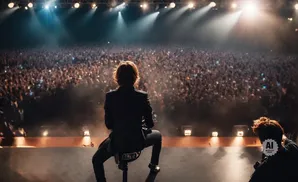 A musician performs for a large, adoring crowd on a stage lit by bright spotlights.