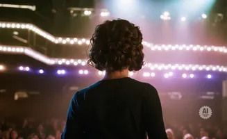 Person with curly hair on stage, facing an audience, with bright lights above.
