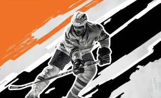Black and white image of a hockey player in motion, with orange and black abstract shapes in the background.