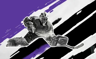 Hockey goalie in a crouched position, ready to make a save, with a purple and black abstract background.