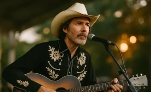 A man in a cowboy hat and embroidered shirt sings into a microphone while playing an acoustic guitar.