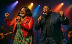 A Black woman and man sing passionately into microphones on a brightly lit stage.