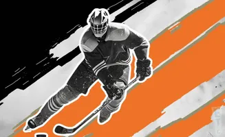 Hockey goalie in black and white skates with a puck, against an orange and black background with white brush strokes.