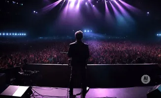 A performer in a suit on stage faces a large, cheering crowd under purple stage lights.