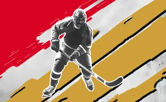 A hockey player in vintage gear skates on a background of red, yellow, and white abstract shapes.