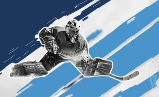 A hockey goalie in a split stance, ready to make a save.