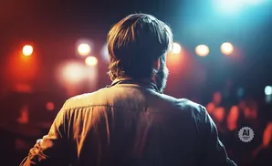 Man with beard and short hair, facing away from camera, wearing a button-down shirt on a dimly lit stage.
