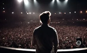 A performer stands on stage facing a large, dark audience, illuminated by spotlights.