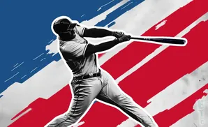 A baseball player swings a bat against a backdrop of red and blue stripes.