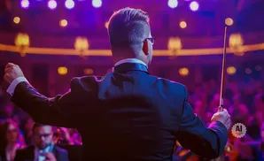 A conductor in a suit, back to the camera, leads an orchestra under colorful stage lights.