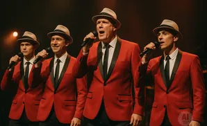 Four men in red suits and fedoras sing into microphones on a stage.