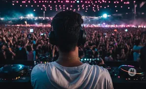 DJ wearing headphones plays to a large, cheering crowd at a night concert.