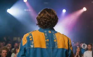 A person in a blue and yellow embroidered jacket stands on stage, facing an audience under colorful spotlights.