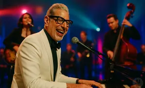 Jeff Goldblum plays the piano in a white suit with a band behind him.