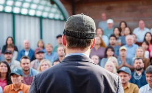 Man in a knitted cap addresses a crowd in bleachers.
