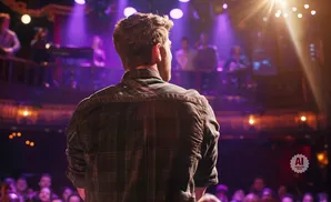 A man in a plaid shirt faces away from the camera, standing on a stage under purple lights, with an audience visible below.