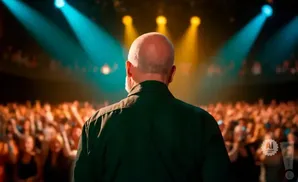 Bald man in dark shirt on stage facing cheering audience, lit by teal and yellow spotlights.