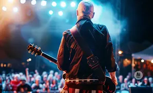 A bald guitarist plays on a brightly lit stage in front of a cheering crowd.