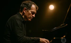 A man in a black shirt plays a piano in front of a spotlight.