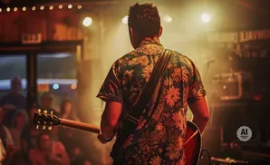Man in a floral shirt plays guitar on stage with an audience blurred in the background.