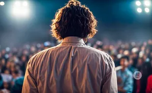 Man with curly hair stands before a blurred audience under bright stage lights.