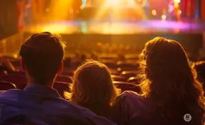 Three people watch a brightly lit stage from behind, with warm lighting illuminating their hair.