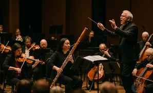 An orchestra conductor leads musicians playing violins, cellos, and a bassoon.