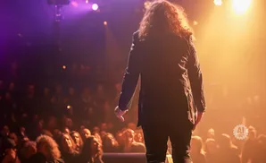 A person with long curly hair stands on stage in a dark suit, facing away from the camera, with a crowd watching.