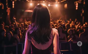 Woman on stage in front of a cheering crowd at a concert.
