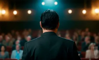 A person in a suit faces away from the camera, addressing an audience in a dimly lit theater.