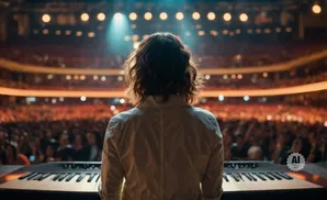 Person at a piano on stage, facing a large, blurred audience in a concert hall.