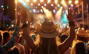 A person with their arms raised in the air at a concert, wearing a straw cowboy hat.