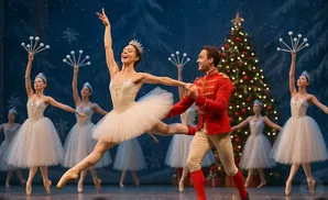 Ballerinas in white tutus and a man in a red military uniform dance on stage with a Christmas tree.