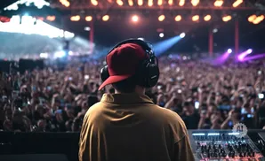 DJ in headphones and red hat plays for a large crowd at a concert, with lights and a soundboard visible.