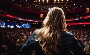 Woman with long blonde hair in a denim jacket facing a large audience in a theater.