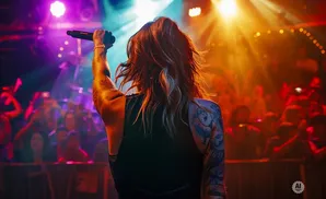 Singer on stage with microphone, back to camera, crowd in background, lit by stage lights.