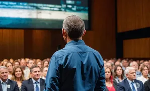 Man in blue shirt addresses audience in a dimly lit auditorium with a large screen behind him.