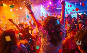 A crowded dance floor with people dancing and confetti falling under colorful lights.