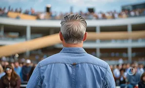 Man in blue denim shirt from behind, with gray hair, facing a blurred crowd at an outdoor event.