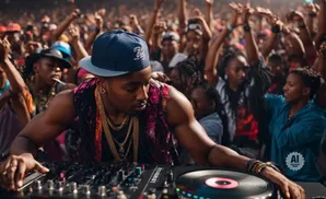 DJ playing music for a crowd at an outdoor festival.