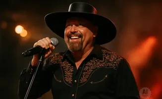 A man in a black hat and western shirt sings into a microphone, smiling broadly.