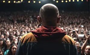 A performer on stage faces a large, cheering crowd with their back to the camera.