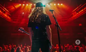 A guitarist with long, curly hair stands on stage with a guitar, facing a cheering crowd under red stage lights.