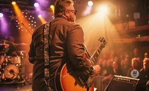 Man playing guitar on stage with colorful lights and a blurred audience in the background.